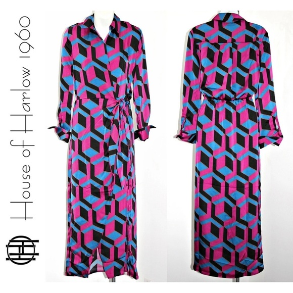 House of Harlow 1960 Printed Satin Wrap Dress Size Large Womens - Picture 1 of 13